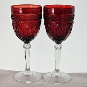 2 Antique Ruby Red Water Goblets 8" Cristal D'Arque Wine Glass Ball Stem